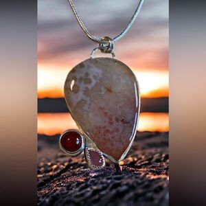 Peach Sunset. Artisan made agate, carnelian and peach sapphire pendant.